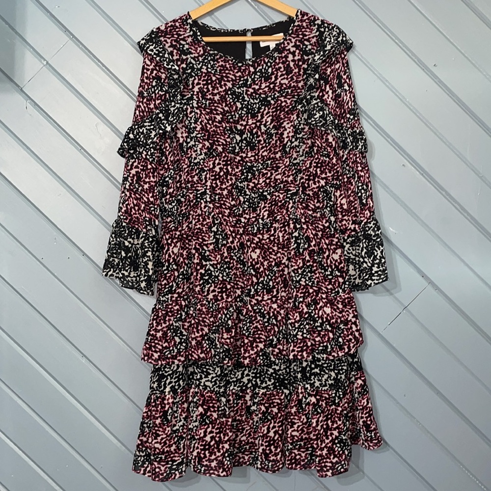 Gibson Latimer Tiered Ruffle Black Raspberry Red 3/4 Sleeve Dress